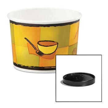 Huhtamaki Soup Container with Vented Lid, Paper, Round, 12 oz, Streetside Pattern/Black, 250/Carton