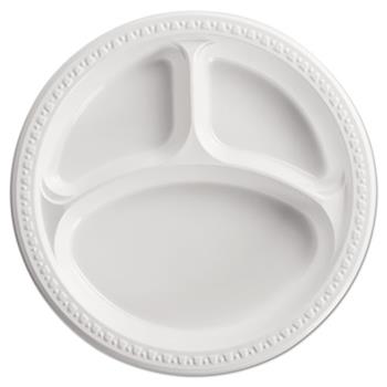 Chinet Heavyweight Plastic 3 Compartment Plates, 10 1/4&quot; Dia, White, 125/PK, 4 PK/CT
