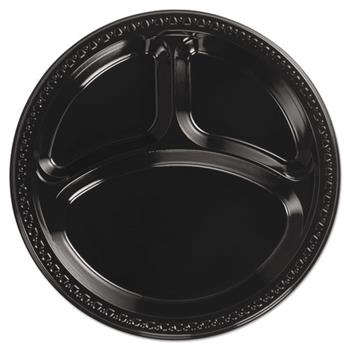 Chinet 3 Compartment Round Plates, Heavyweight, Plastic, 10 1/4&quot;, Black, 125 Plates/Pack, 4 Packs/Carton