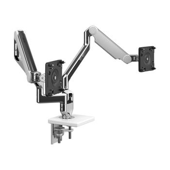 Humanscale M2.1 Monitor Arms with Dual Two-Piece Clamp Mount Base, Polished Aluminum with White Trim