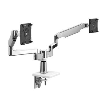 Humanscale M/Flex with Two M2.1 Monitor Arms, Dual Arm Bracket, Two-Piece Clamp Mount, Polished Aluminum with White Trim