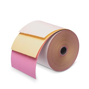 Iconex 3-Ply Carbonless Rolls, 3&quot; x 67&#39;, White/Canary/Pink, 50 Rolls/Carton
