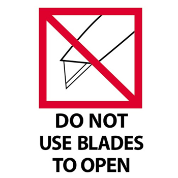 W.B. Mason Co. International Labels, Do Not Use Blades to Open, 3 in x 4 in, Red/White/Black, 500/Roll