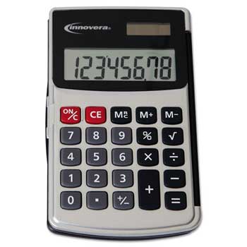 Innovera&#174; Handheld Calculator, Hard Flip Case, 8-Digit LCD, Dual Power, Silver