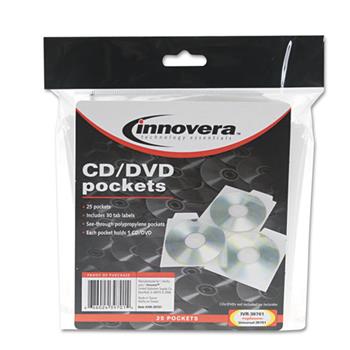 Innovera CD/DVD Pockets, 1 Disc Capacity, Clear, 25/Pack