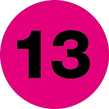 W.B. Mason Co. Number Labels, 13, 1 in Diameter Circle, Fluorescent Pink, 500/Roll