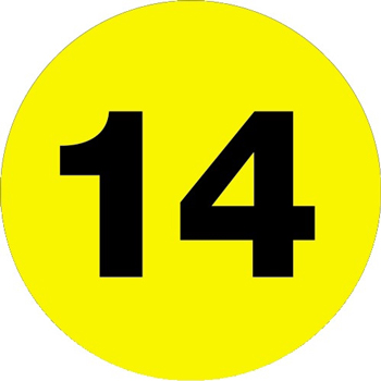 W.B. Mason Co. Number Labels, 14, 2 in Diameter Circle, Fluorescent Yellow, 500/Roll