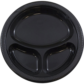 JAM Paper 3 Compartment Round Plates, Plastic, 10 1/4&quot;, Black, 20 Plates/Pack
