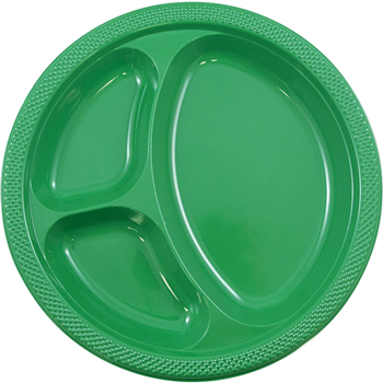 JAM Paper 3 Compartment Round Plates, Plastic, 10 1/4&quot;, Green, 20 Plates/Pack