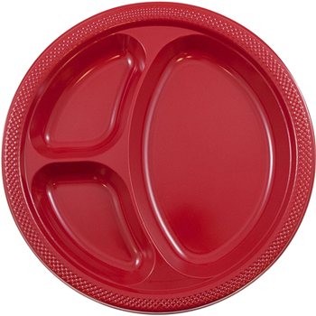 JAM Paper 3 Compartment Round Plates, Plastic, 10 1/4&quot;, Red, 20 Plates/Pack