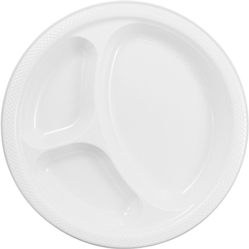 JAM Paper 3 Compartment Round Plates, Plastic, 10 1/4&quot;, White, 20 Plates/Pack