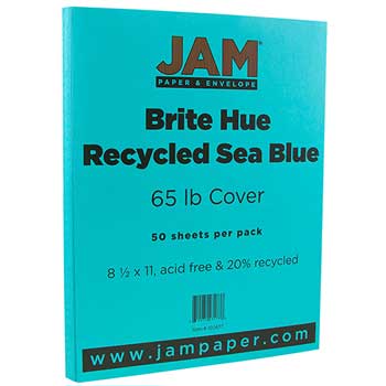 JAM Paper Recycled Cardstock, 65 lb, 8.5&quot; x 11&quot;, Brite Hue Sea Blue, 50 Sheets/Pack