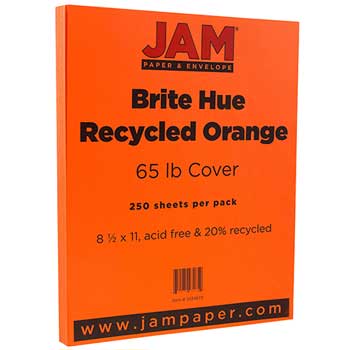 JAM Paper Recycled Cardstock, 65 lb, 8.5&quot; x 11&quot;, Brite Hue Orange, 250 Sheets/Ream