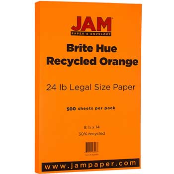 JAM Paper Recycled Colored Paper, 24 lb, 8.5&quot; x 14&quot;, Brite Hue Orange, 500 Sheets/Ream