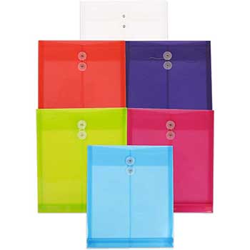 JAM Paper Plastic Envelopes with Button &amp; String Tie Closure, Letter Open End, 9 3/4&quot; x 11 3/4&quot;, Assorted Colors, 6/PK