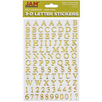 JAM Paper Self Adhesive Alphabet Letter Stickers, Gold, Upper &amp; Lower Case, 2 Sheets