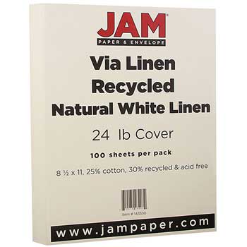 JAM Paper 30% Recycled Strathmore Paper, Linen, 24 lb, 8.5&quot; x 11&quot;, Natural White, 100 Sheets/Pack