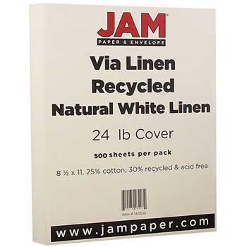 JAM Paper 30% Recycled Strathmore Paper, Linen, 24 lb, 8.5&quot; x 11&quot;, Natural White, 500 Sheets/Ream