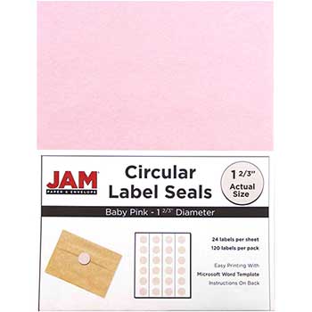 JAM Paper Circle Label Sticker Seals, 1 2/3&quot; Diameter, Baby Pink, 120 Labels