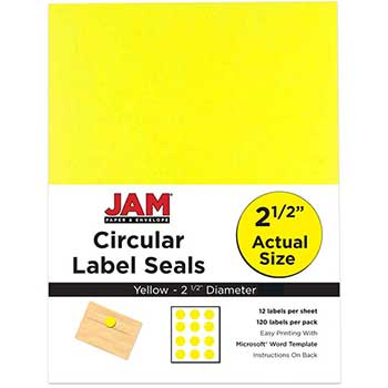 JAM Paper Circle Label Sticker Seals, 2 1/2&quot; Diameter, Yellow, 120 Labels