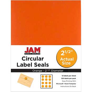 JAM Paper Circle Label Sticker Seals, 2 1/2&quot; Diameter, Orange, 120 Labels