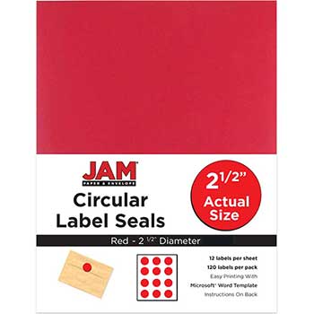 JAM Paper Circle Label Sticker Seals, 2 1/2&quot; Diameter, Red, 120 Labels