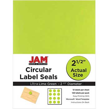 JAM Paper Circle Label Sticker Seals, 2 1/2&quot; Diameter, Ultra Lime Green, 120 Labels
