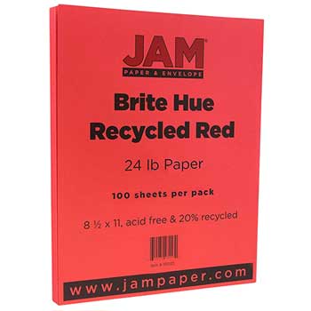 JAM Paper Recycled Colored Paper, 24 lb, 8.5&quot; x 11&quot;, Brite Hue Red, 100 Sheets/Pack