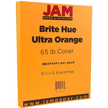 JAM Paper Cardstock, 65 lb, 8.5&quot; x 11&quot;, Brite Hue Ultra Orange, 250 Sheets/Ream
