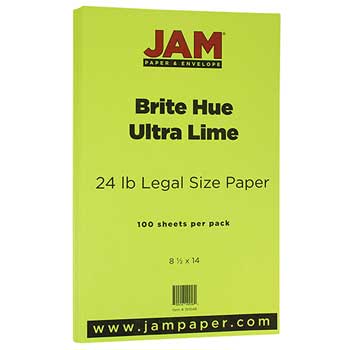 JAM Paper Recycled Colored Paper, 24 lb, 8.5&quot; x 14&quot;, Brite Hue Ultra Lime Green, 100 Sheets/Pack