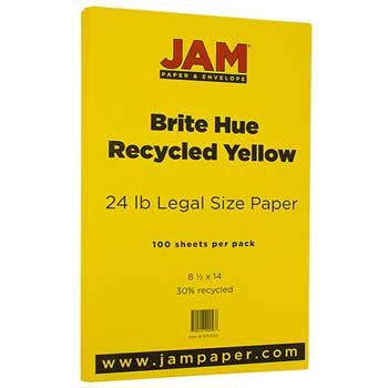 JAM Paper Recycled Colored Paper, 24 lb, 8.5&quot; x 14&quot;, Brite Hue Yellow, 100 Sheets/Pack