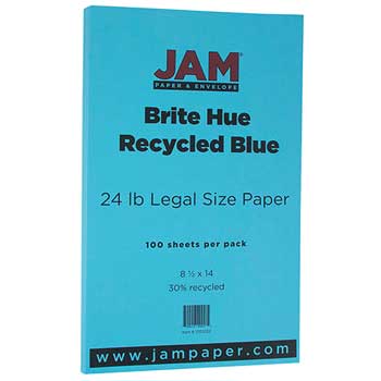 JAM Paper Recycled Paper, 8 1/2 x 14, 24lb Brite Hue Blue, 100/PK