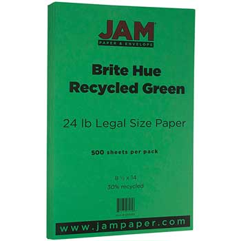 JAM Paper Recycled Colored Paper, 24 lb, 8.5&quot; x 14&quot;, Brite Hue Green, 500 Sheets/Ream