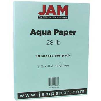 JAM Paper Colored Paper, 28 lb, 8.5&quot; x 11&quot;, Aqua Blue, 50 Sheets/Pack