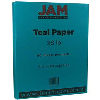 JAM Paper Colored Paper, 28 lb, 8.5&quot; x 11&quot;, Teal Blue, 50 Sheets/Pack