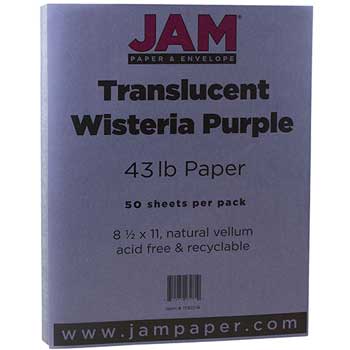 JAM Paper Translucent Vellum Cardstock, 43 lb, 8.5&quot; x 11&quot;, Chartham Wisteria Purple, 50 Sheets/Pack