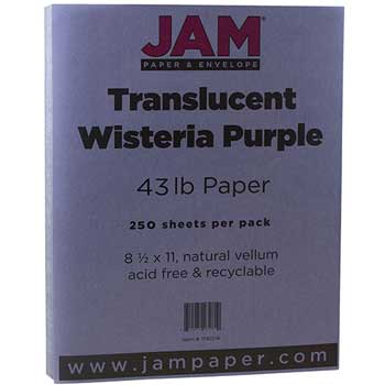 JAM Paper Translucent Vellum Cardstock, 43 lb, 8.5&quot; x 11&quot;, Chartham Wisteria Purple, 250 Sheets/Ream