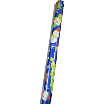 JAM Paper Christmas Design Wrapping Paper, Metallic Blue North Pole Characters, 25 sq. ft. Roll