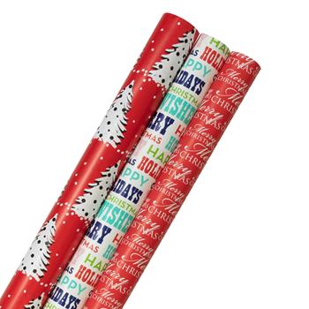 JAM Paper Premium Foil Gift Wrapping Paper, Christmastime, 25 sq. ft., 3/PK