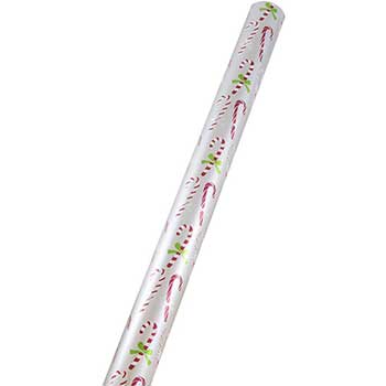 JAM Paper Premium Foil Gift Wrapping Paper, Silver with Small Candy Cane, 25 sq. ft. Roll