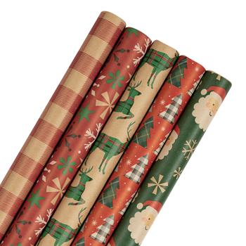 JAM Paper Christmas Design Wrapping Paper, Kraft Christmas Set, 25 sq. ft., 5/PK