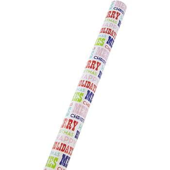 JAM Paper Matte Wrapping Paper, Colorful Merry Christmas, 25 sq. ft. Roll