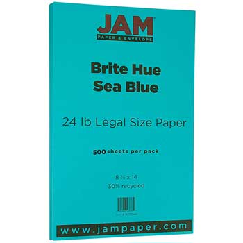 JAM Paper Recycled Paper, 8 1/2 x 14, 24lb Brite Hue Sea Blue, 500/RM