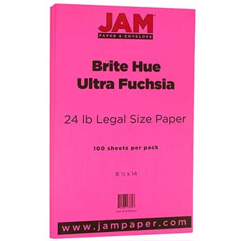 JAM Paper Recycled Colored Paper, 24 lb, 8.5&quot; x 14&quot;, Brite Hue Ultra Fuchsia Pink, 100 Sheets/Pack