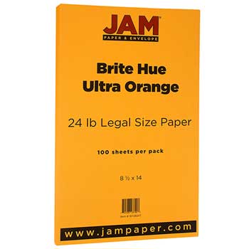 JAM Paper Recycled Colored Paper, 24 lb, 8.5&quot; x 14&quot;, Brite Hue Ultra Orange, 100 Sheets/Pack