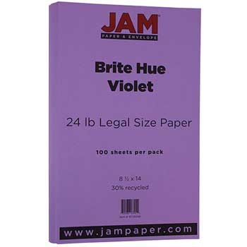 JAM Paper Recycled Colored Paper, 24 lb, 8.5&quot; x 14&quot;, Brite Hue Violet, 100 Sheets/Pack