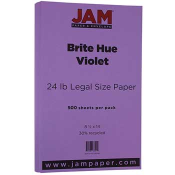 JAM Paper Recycled Colored Paper, 24 lb, 8.5&quot; x 14&quot;, Brite Hue Violet, 500 Sheets/Ream