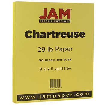 JAM Paper Colored Paper, 28 lb, 8.5&quot; x 11&quot;, Chartreuse, 50 Sheets/Pack