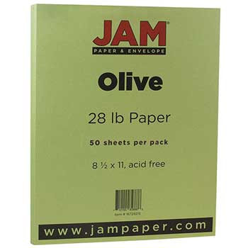 JAM Paper Colored Paper, 28 lb, 8.5&quot; x 11&quot;, Olive, 50 Sheets/Pack