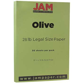 JAM Paper Colored Paper, 28 lb, 8.5&quot; x 14&quot;, Olive, 50 Sheets/Pack